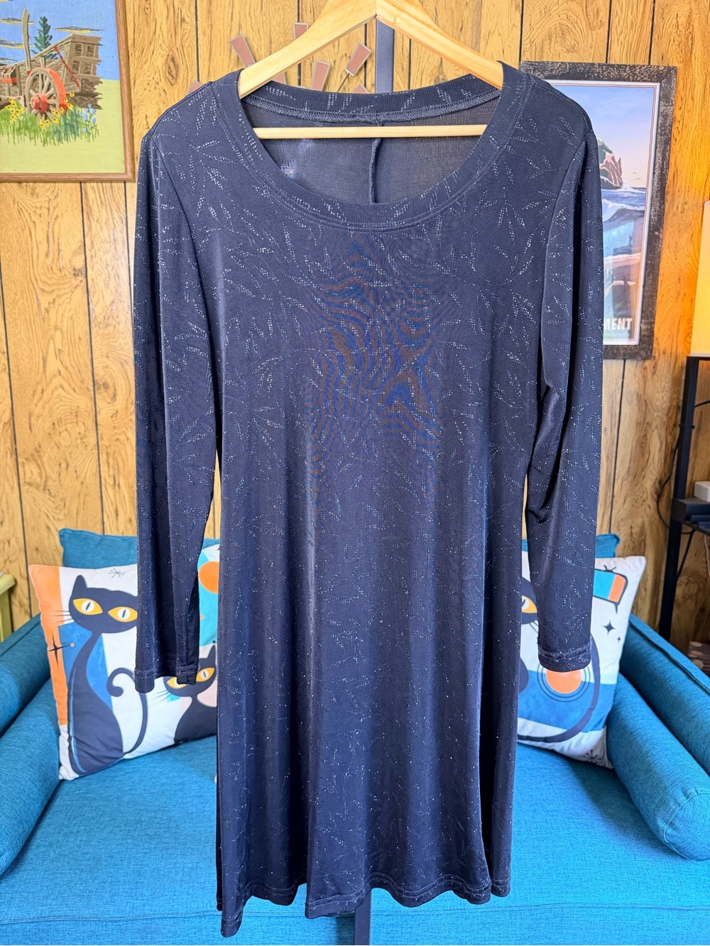 Black Long Sleeve Shift Dress with Subtle Sparkle